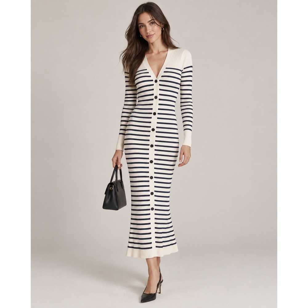New LOFT Ribbed Knit Midi Dress Womens S Ivory Navy Striped Button Front Coastal